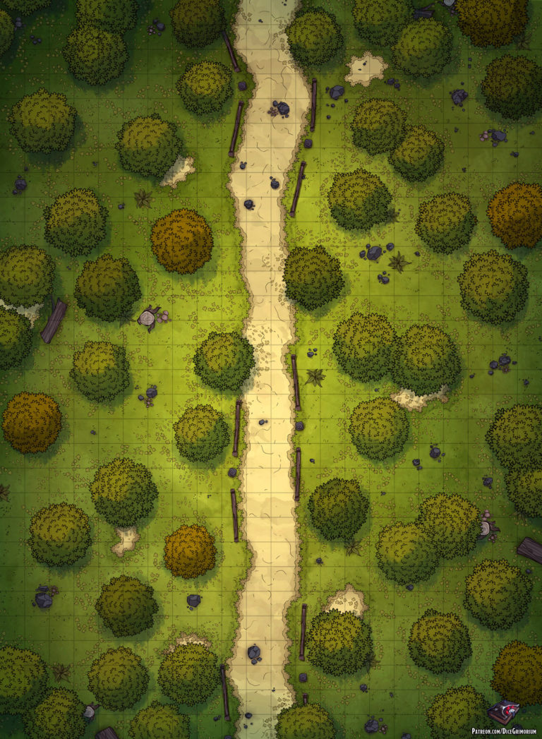 Straight Forest Road D&D Map for Roll20 And Tabletop Dice Grimorium