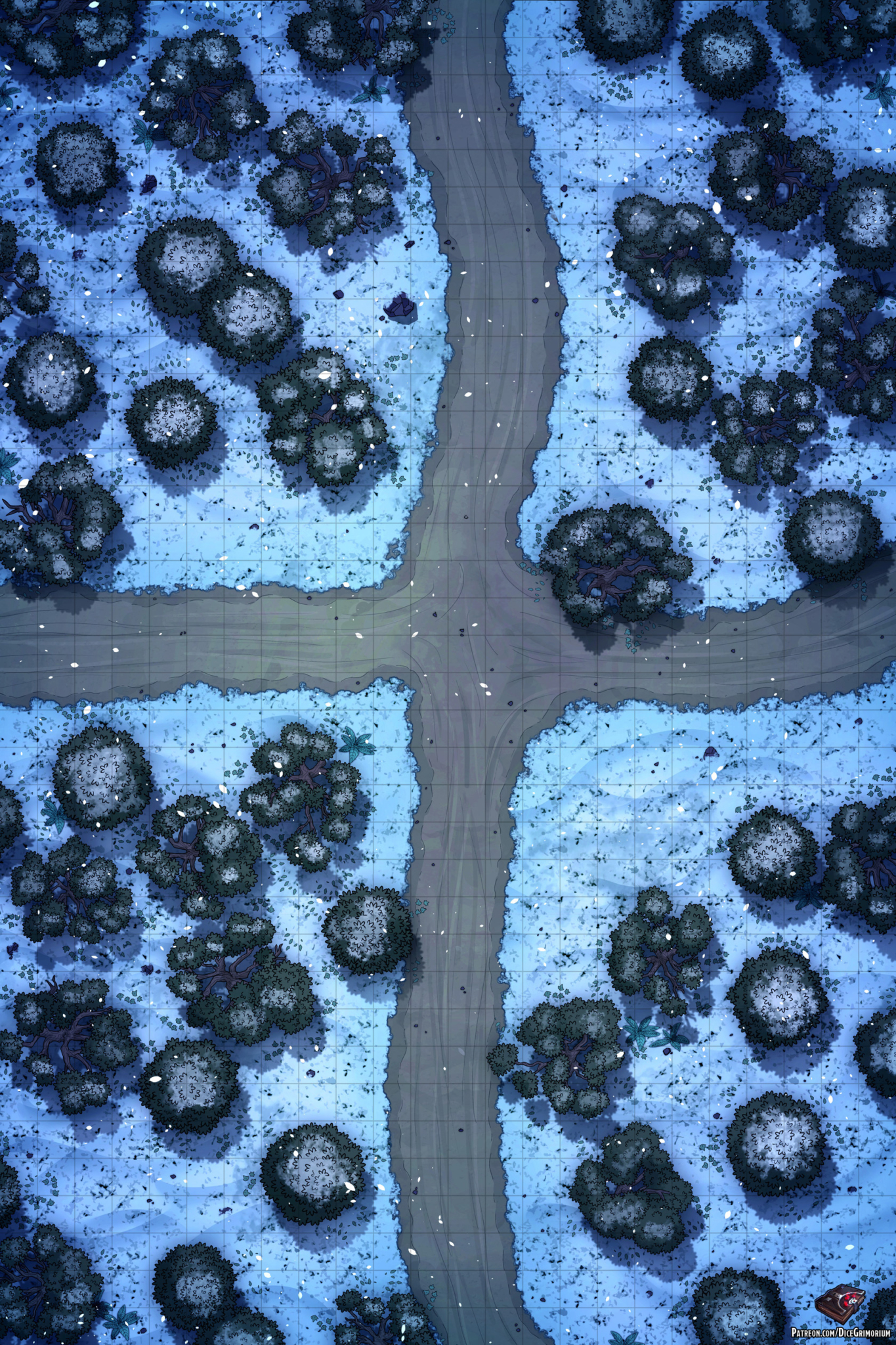 Snowy Forest Crossroads - D&D Map for Roll20 And Tabletop - Dice Grimorium