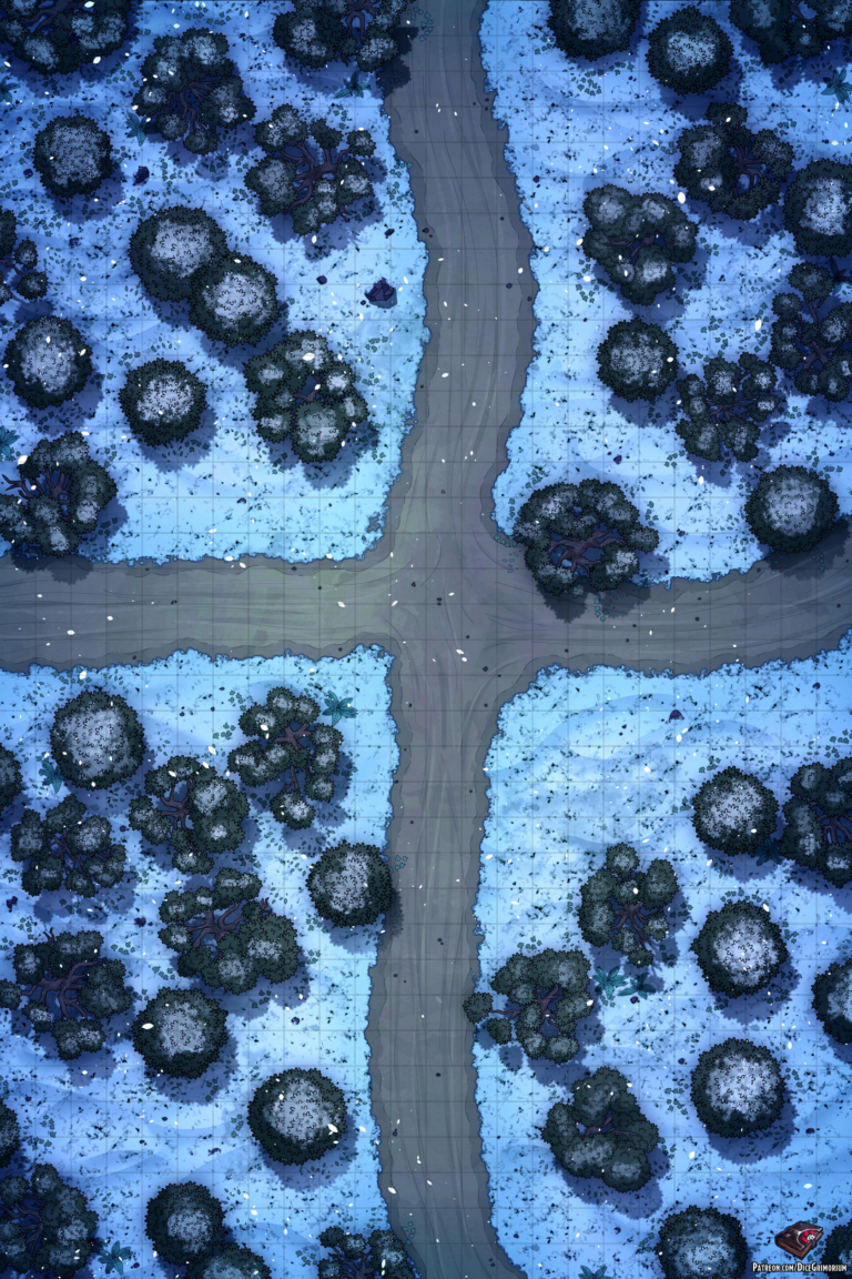Snowy Forest Crossroads - D&D Map for Roll20 And Tabletop - Dice Grimorium