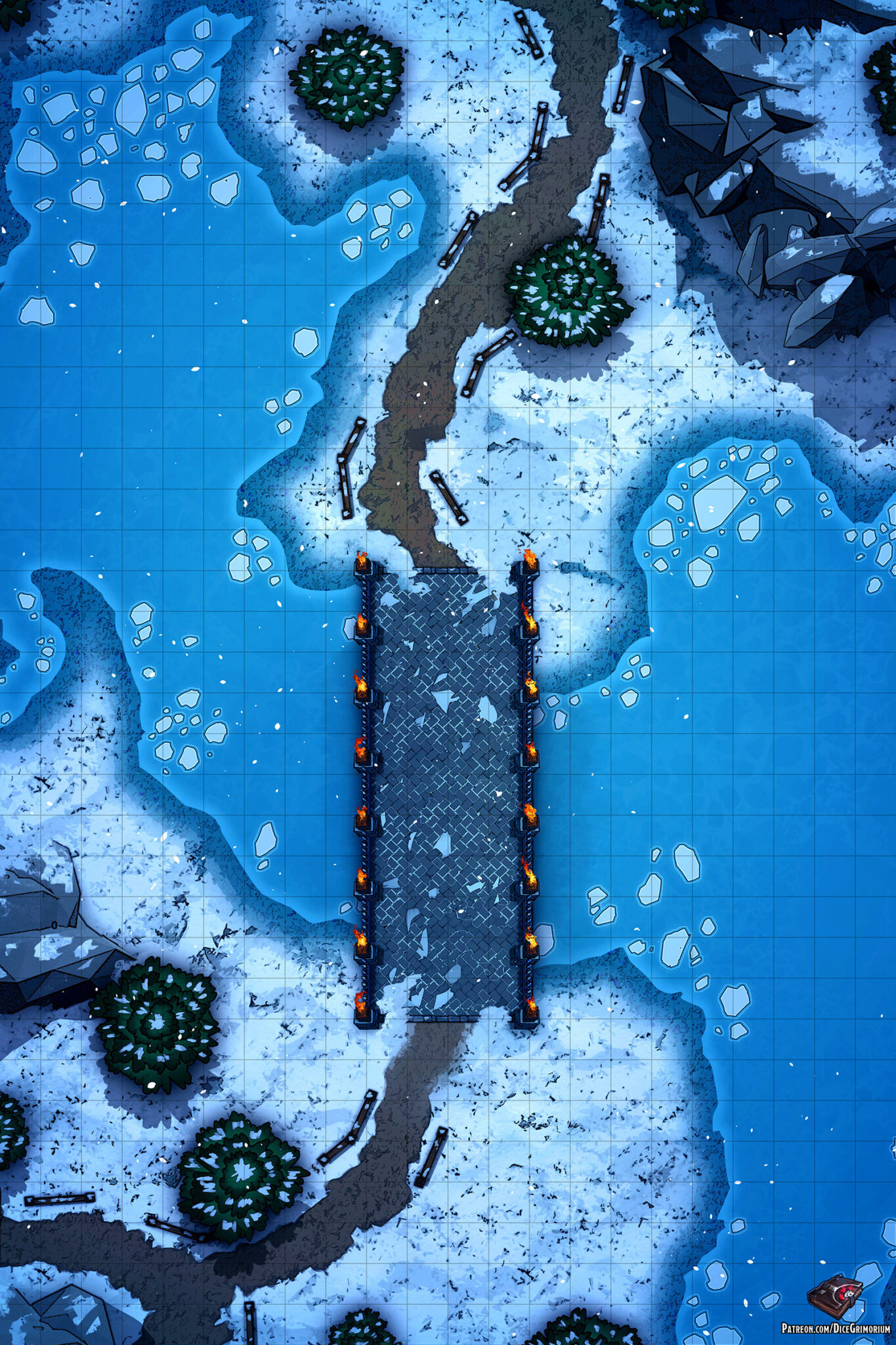 Snowy Bridge Crossing D&D Map for Roll20 And Tabletop Dice Grimorium