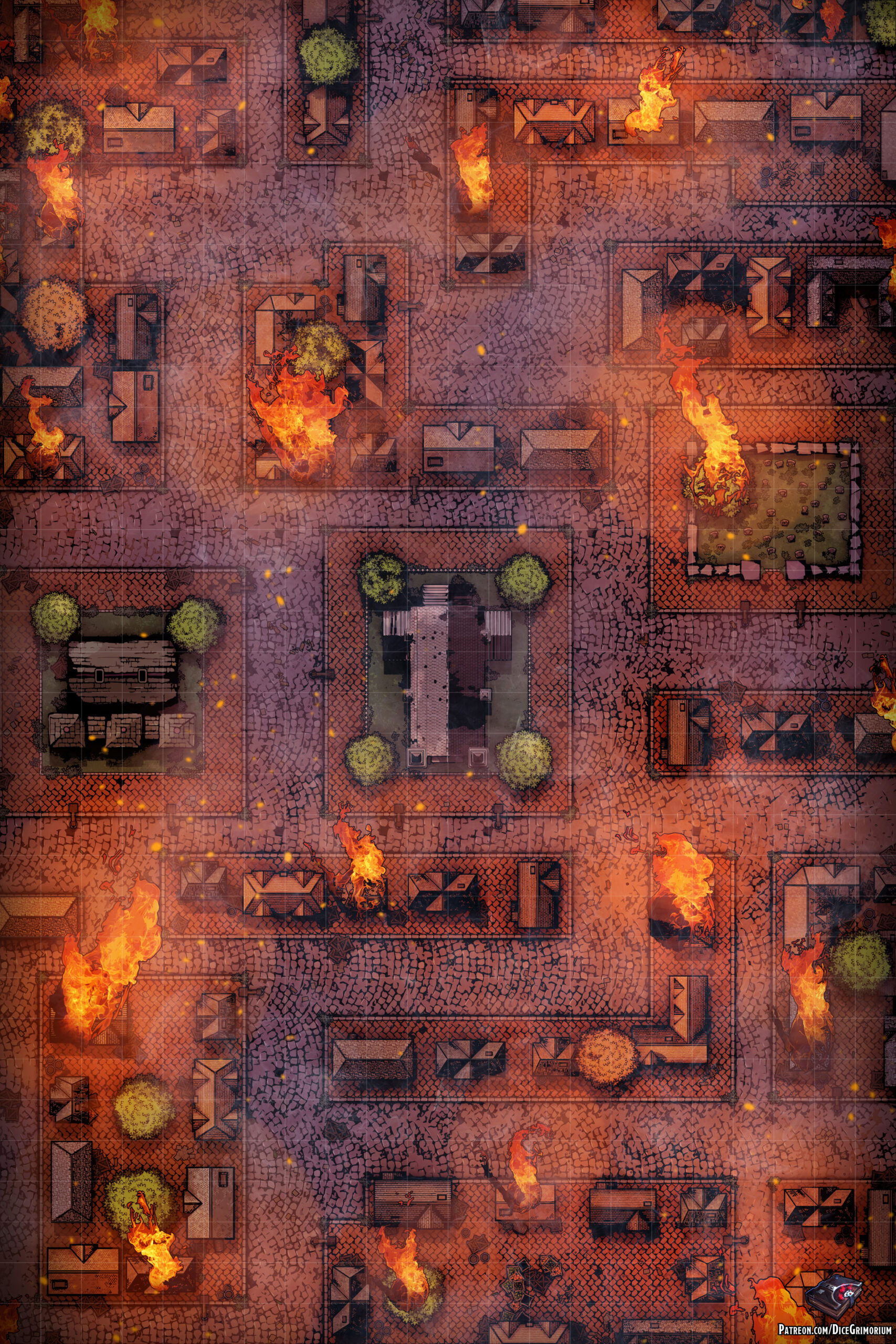 Burning City Streets - D&D Map for Roll20 And Tabletop - Dice Grimorium