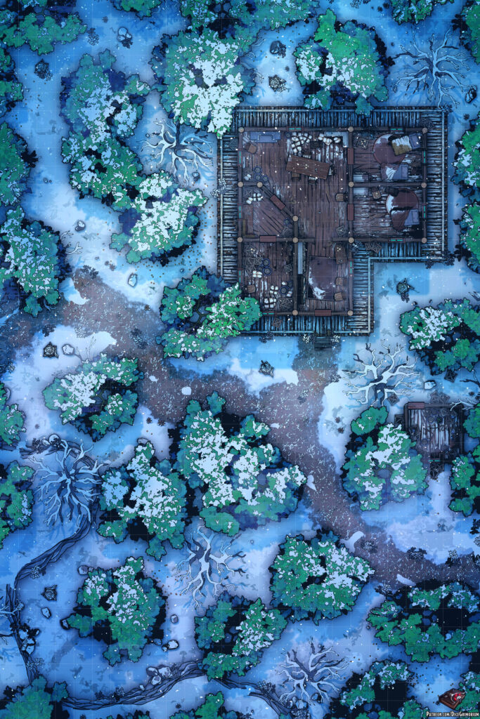 Snowy Roadside Cabin D&D Battle Map