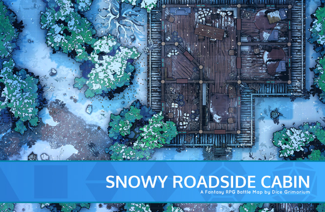 Snowy Roadside Cabin D&D Battle Map Banner
